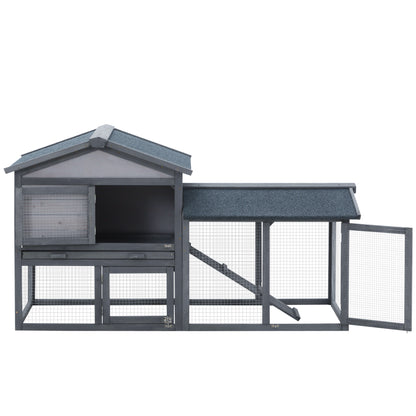 Outdoor Wooden Rabbit Hutch with Removable Tray Non-Slip Ramp Built-in Doors Large Activity Space 147x54x84 cm Gray