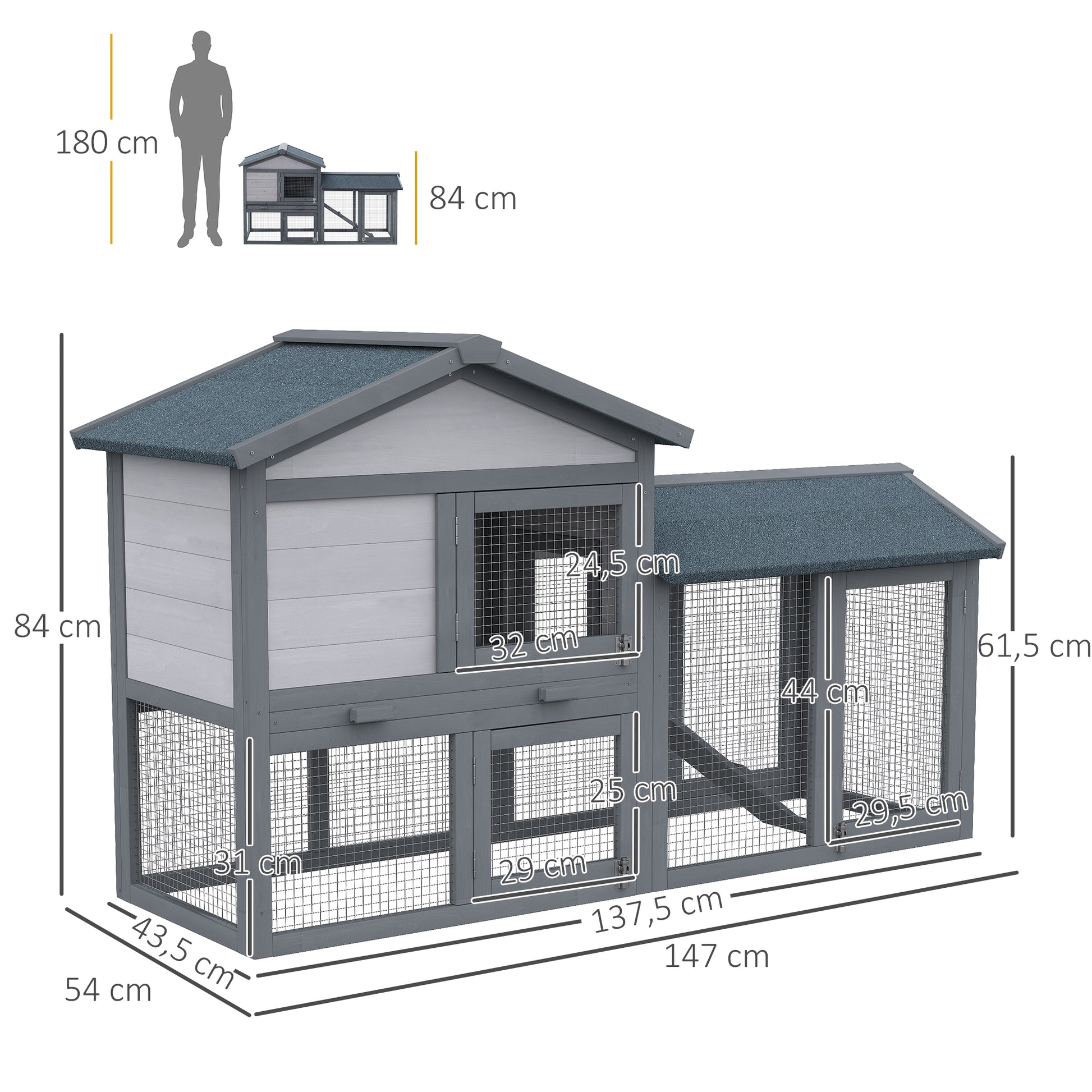 Outdoor Wooden Rabbit Hutch with Removable Tray Non-Slip Ramp Built-in Doors Large Activity Space 147x54x84 cm Gray