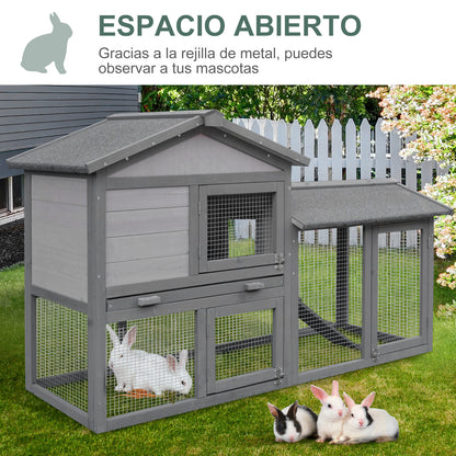 Outdoor Wooden Rabbit Hutch with Removable Tray Non-Slip Ramp Built-in Doors Large Activity Space 147x54x84 cm Gray