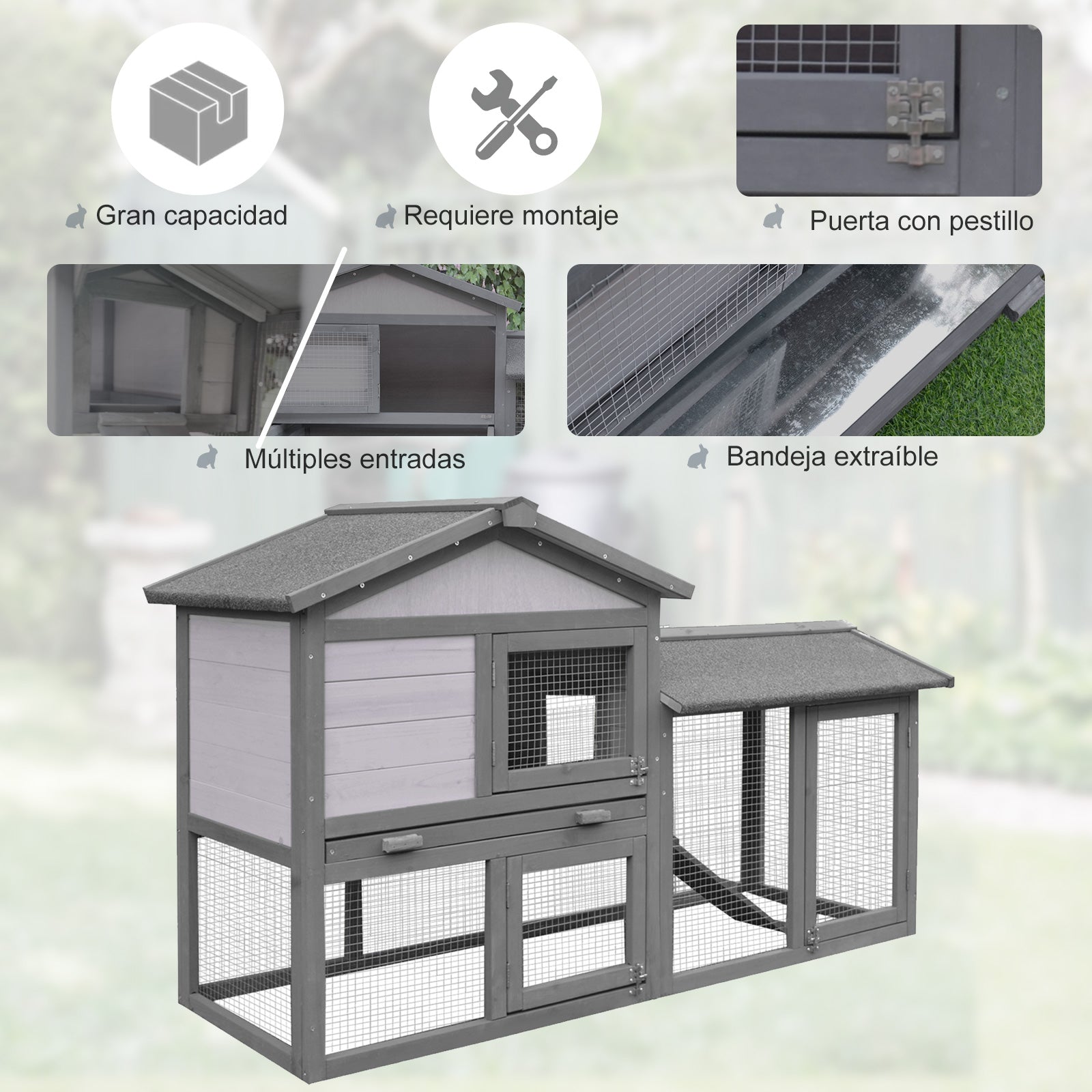 Outdoor Wooden Rabbit Hutch with Removable Tray Non-Slip Ramp Built-in Doors Large Activity Space 147x54x84 cm Gray