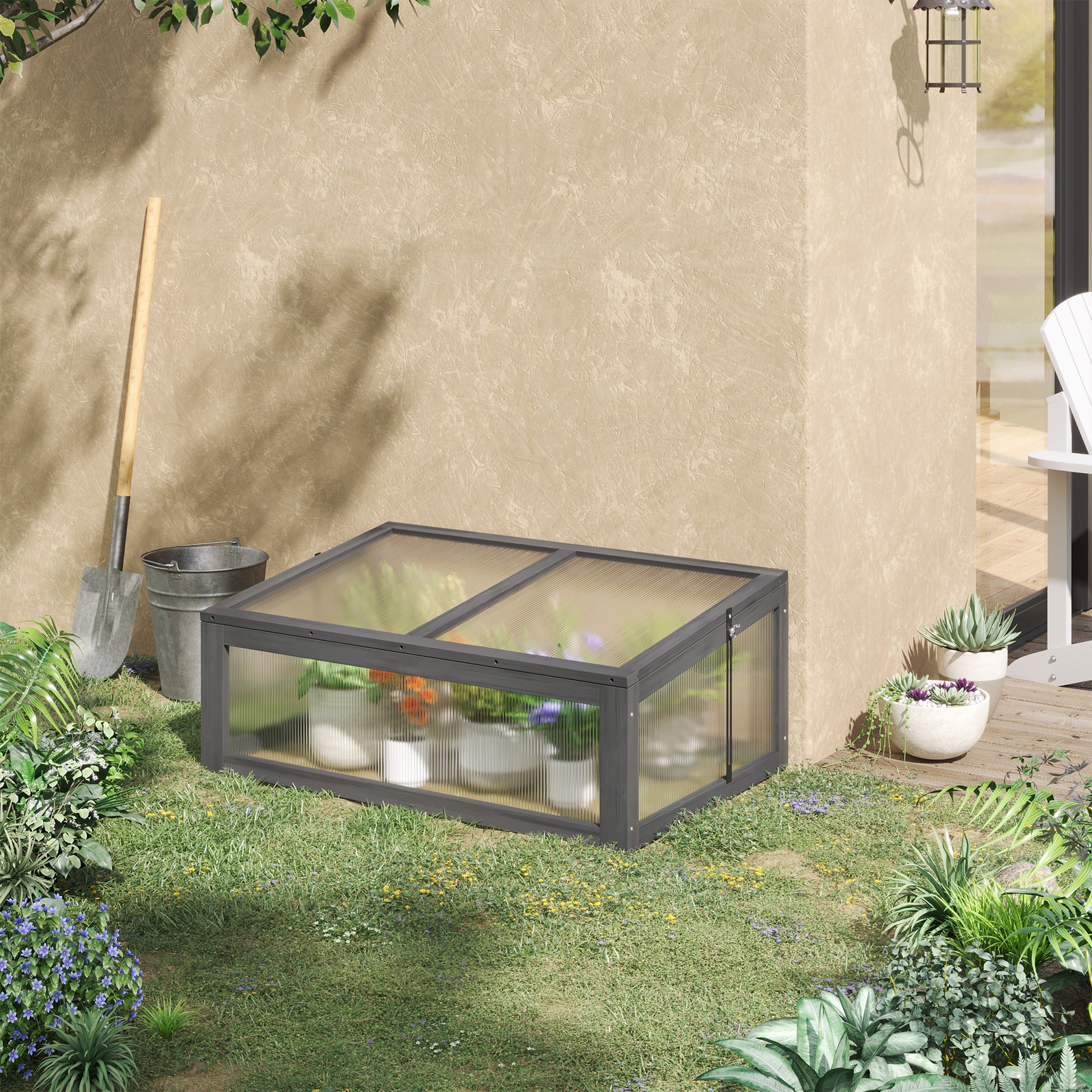 Cold Frame Wood, Mini Greenhouse 100 x 65 x 40 cm, Greenhouse with Cover, UV Protection, Light-Transmitting Cold Frame Box, Winterproof Raised Bed for Garden, Gray