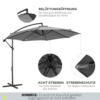 Cantilever Umbrella Ø300 cm Tiltable Sunshade with UV Protection Crank Umbrella with Stand, Crank Device, Market Umbrella Garden Umbrella Sun Protection for Balcony Garden Terrace Gray