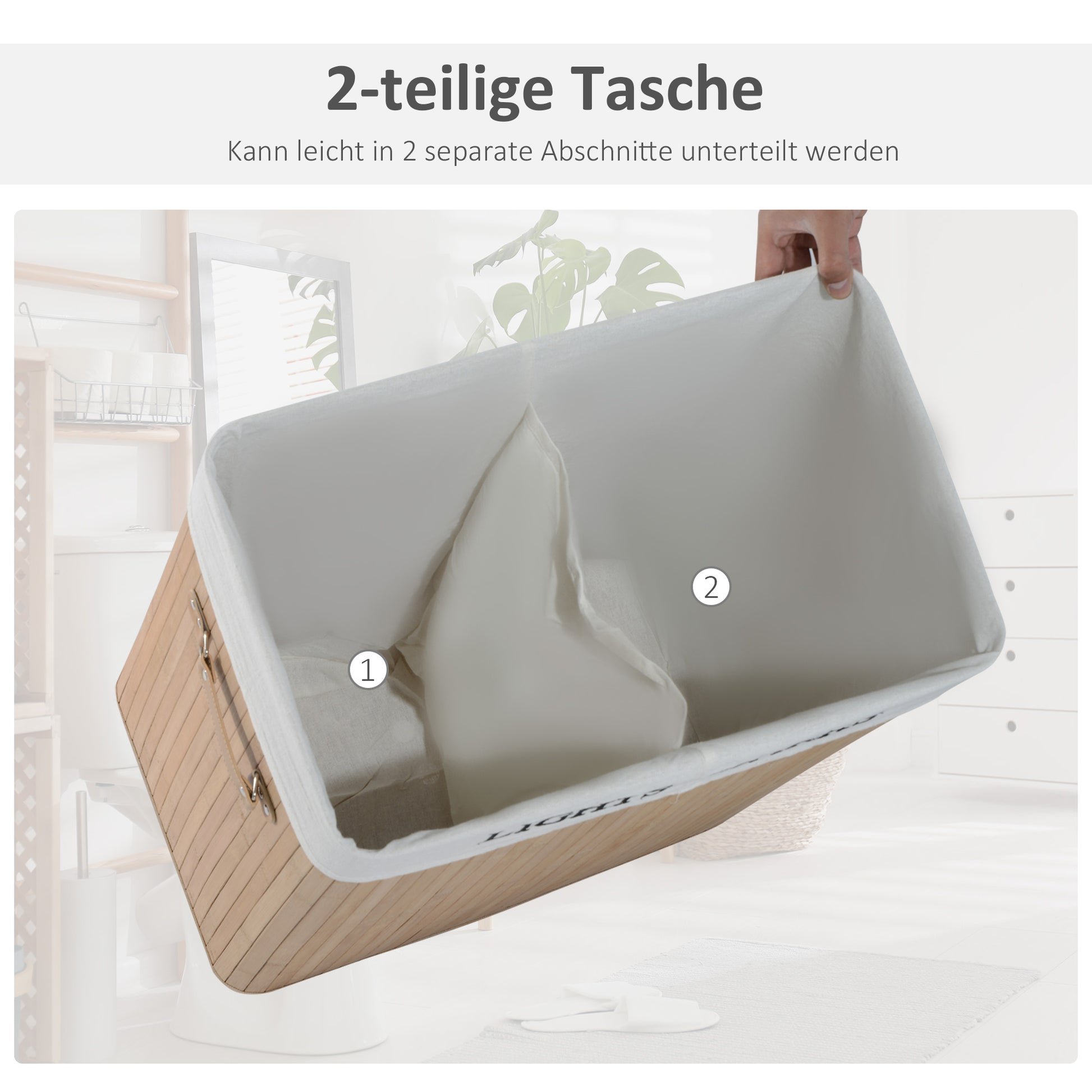 Bamboo Laundry Basket with Lid 100 L Laundry Collector with PU Handles, Canvas Laundry Bag, Laundry Baskets Sorter for Laundry Room Bedroom Bathroom Natural