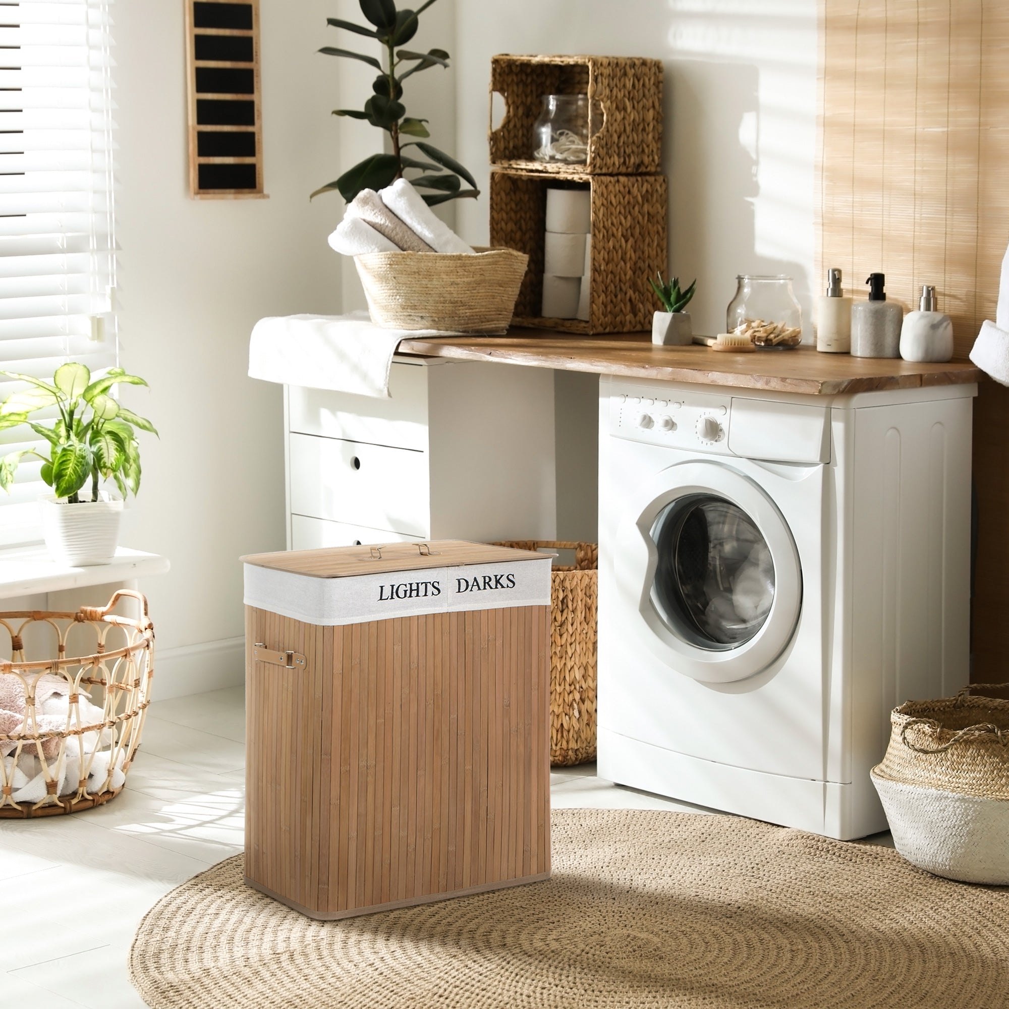Bamboo Laundry Basket with Lid 100 L Laundry Collector with PU Handles, Canvas Laundry Bag, Laundry Baskets Sorter for Laundry Room Bedroom Bathroom Natural