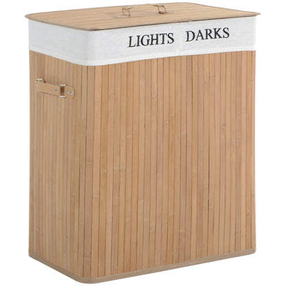 Bamboo Laundry Basket with Lid 100 L Laundry Collector with PU Handles, Canvas Laundry Bag, Laundry Baskets Sorter for Laundry Room Bedroom Bathroom Natural