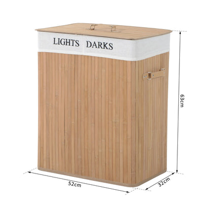 Bamboo Laundry Basket with Lid 100 L Laundry Collector with PU Handles, Canvas Laundry Bag, Laundry Baskets Sorter for Laundry Room Bedroom Bathroom Natural