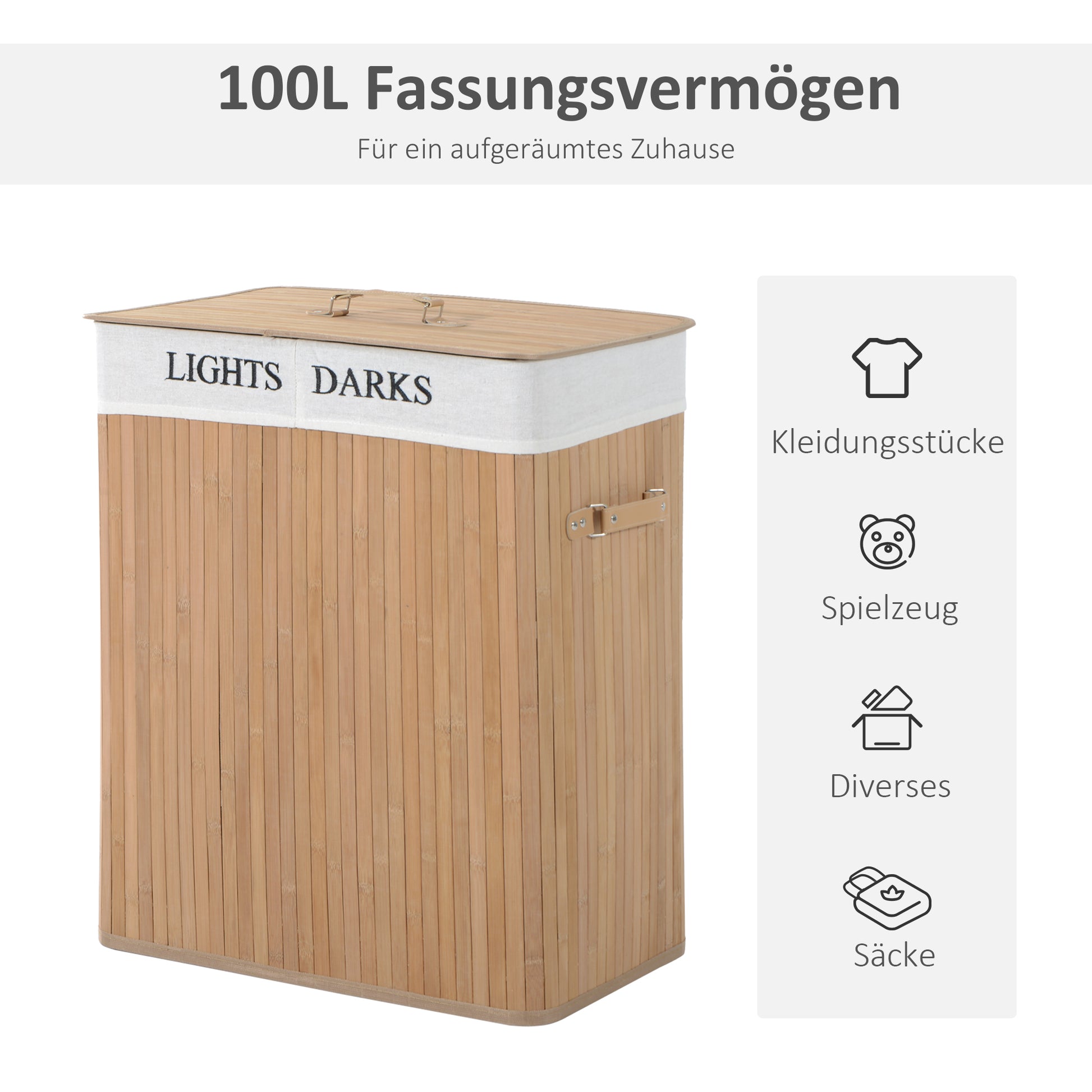 Bamboo Laundry Basket with Lid 100 L Laundry Collector with PU Handles, Canvas Laundry Bag, Laundry Baskets Sorter for Laundry Room Bedroom Bathroom Natural