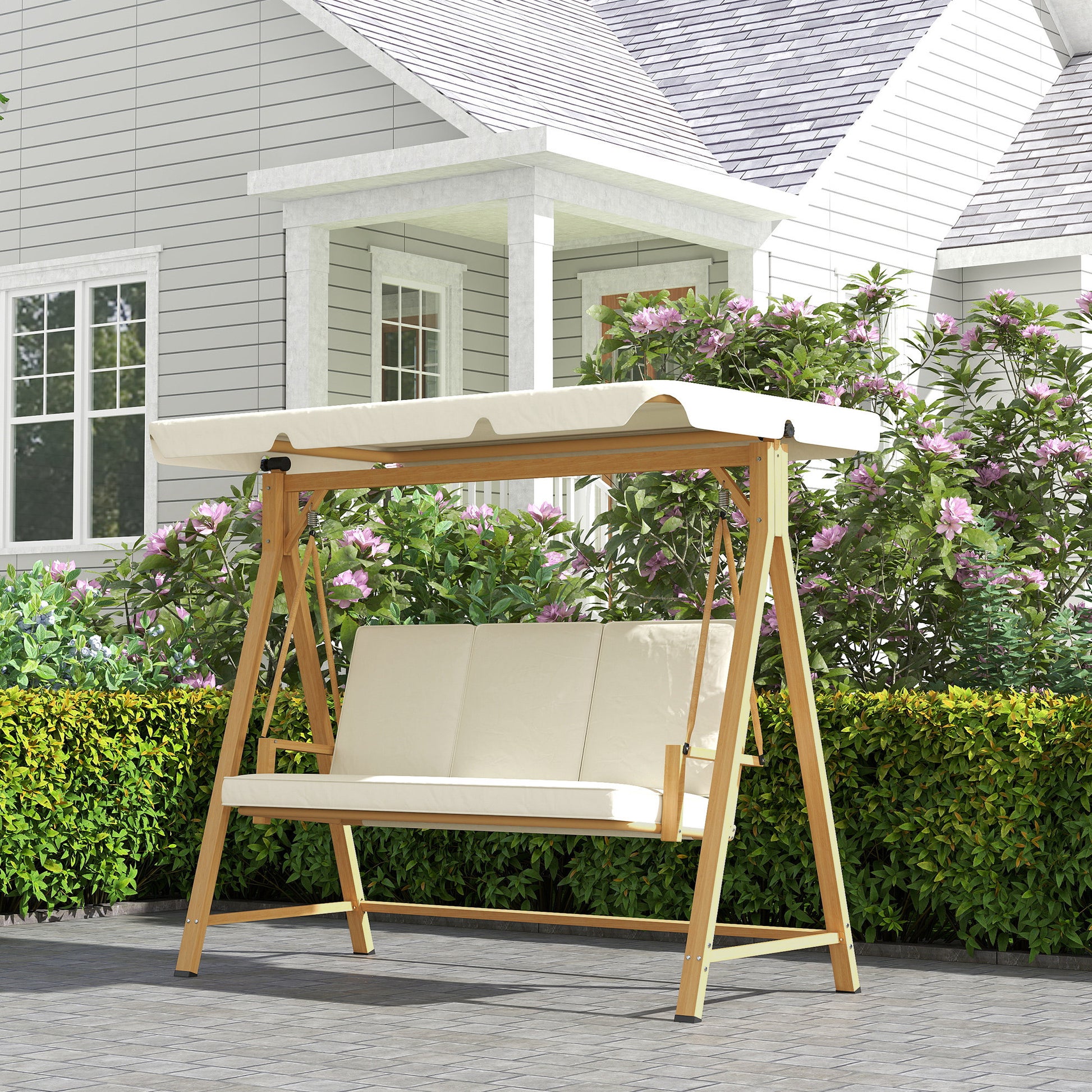 Hollywood Swing with Adjustable Sunshade Seat Cushion, Wood Finish 3-Seater Garden Swing Load Capacity 330kg, Swing Bench for Garden, Terrace 198 x 120 x 170cm, Beige