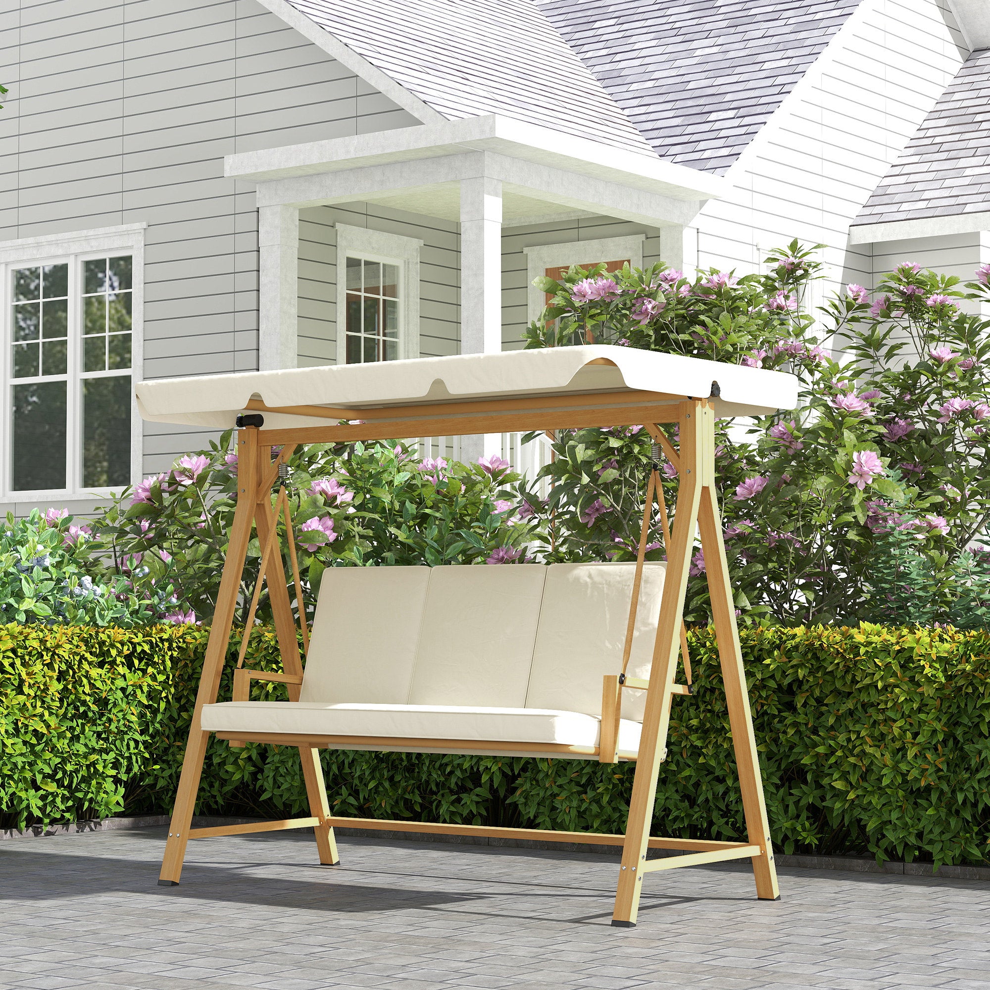 Hollywood Swing with Adjustable Sunshade Seat Cushion, Wood Finish 3-Seater Garden Swing Load Capacity 330kg, Swing Bench for Garden, Terrace 198 x 120 x 170cm, Beige
