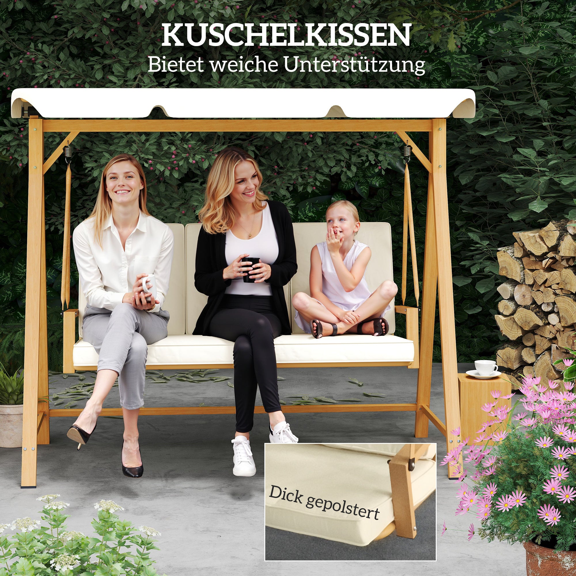 Hollywood Swing with Adjustable Sunshade Seat Cushion, Wood Finish 3-Seater Garden Swing Load Capacity 330kg, Swing Bench for Garden, Terrace 198 x 120 x 170cm, Beige