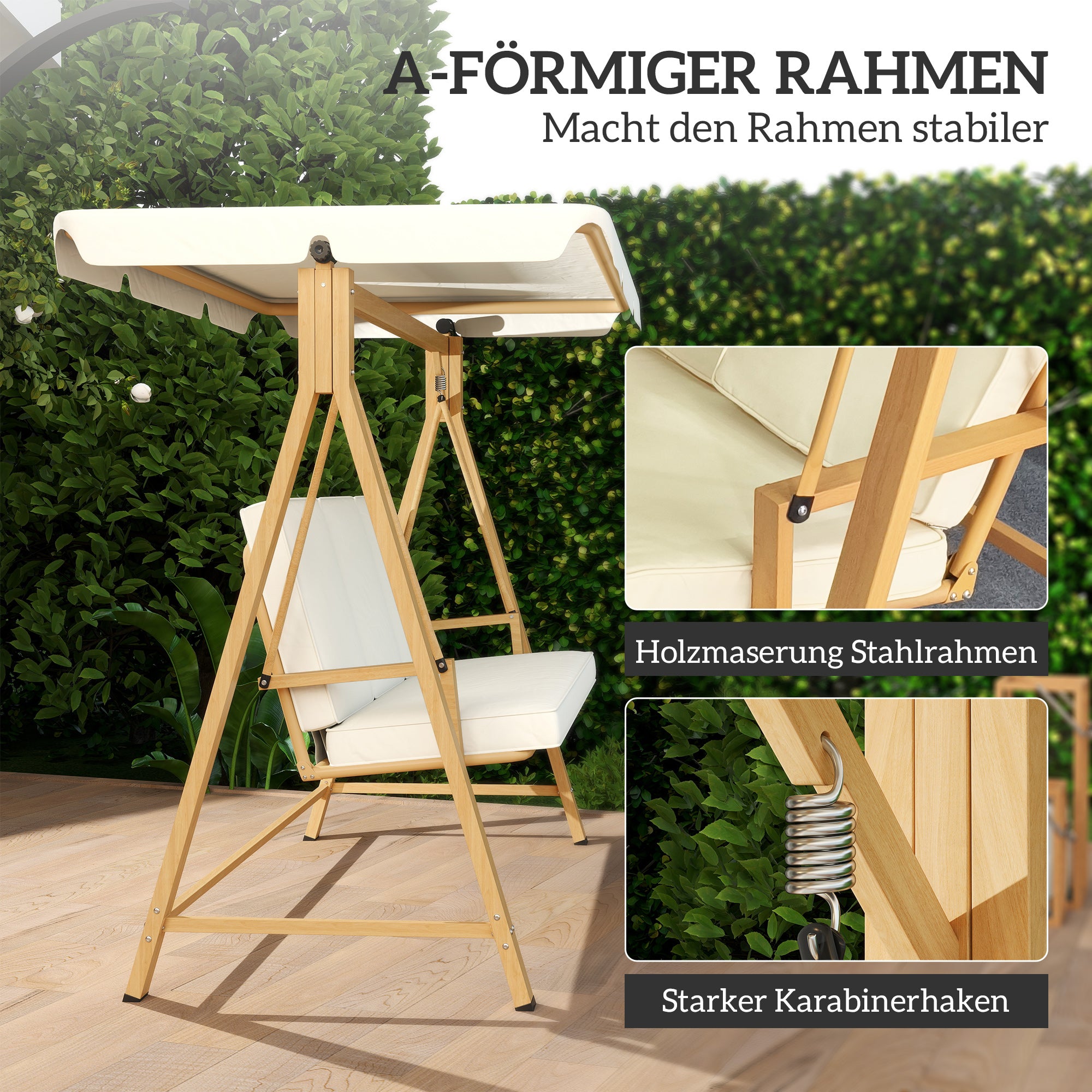 Hollywood Swing with Adjustable Sunshade Seat Cushion, Wood Finish 3-Seater Garden Swing Load Capacity 330kg, Swing Bench for Garden, Terrace 198 x 120 x 170cm, Beige