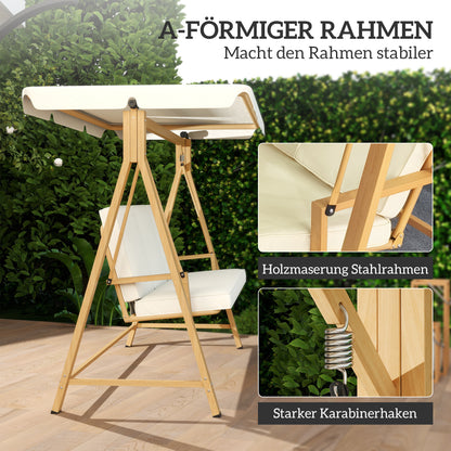 Hollywood Swing with Adjustable Sunshade Seat Cushion, Wood Finish 3-Seater Garden Swing Load Capacity 330kg, Swing Bench for Garden, Terrace 198 x 120 x 170cm, Beige
