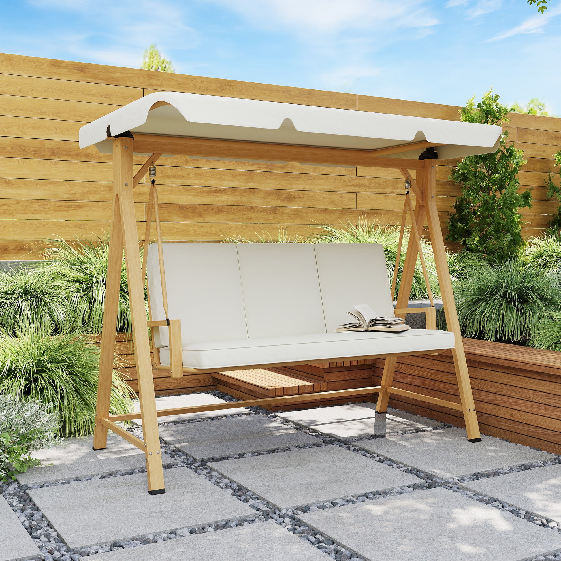 Hollywood Swing with Adjustable Sunshade Seat Cushion, Wood Finish 3-Seater Garden Swing Load Capacity 330kg, Swing Bench for Garden, Terrace 198 x 120 x 170cm, Beige