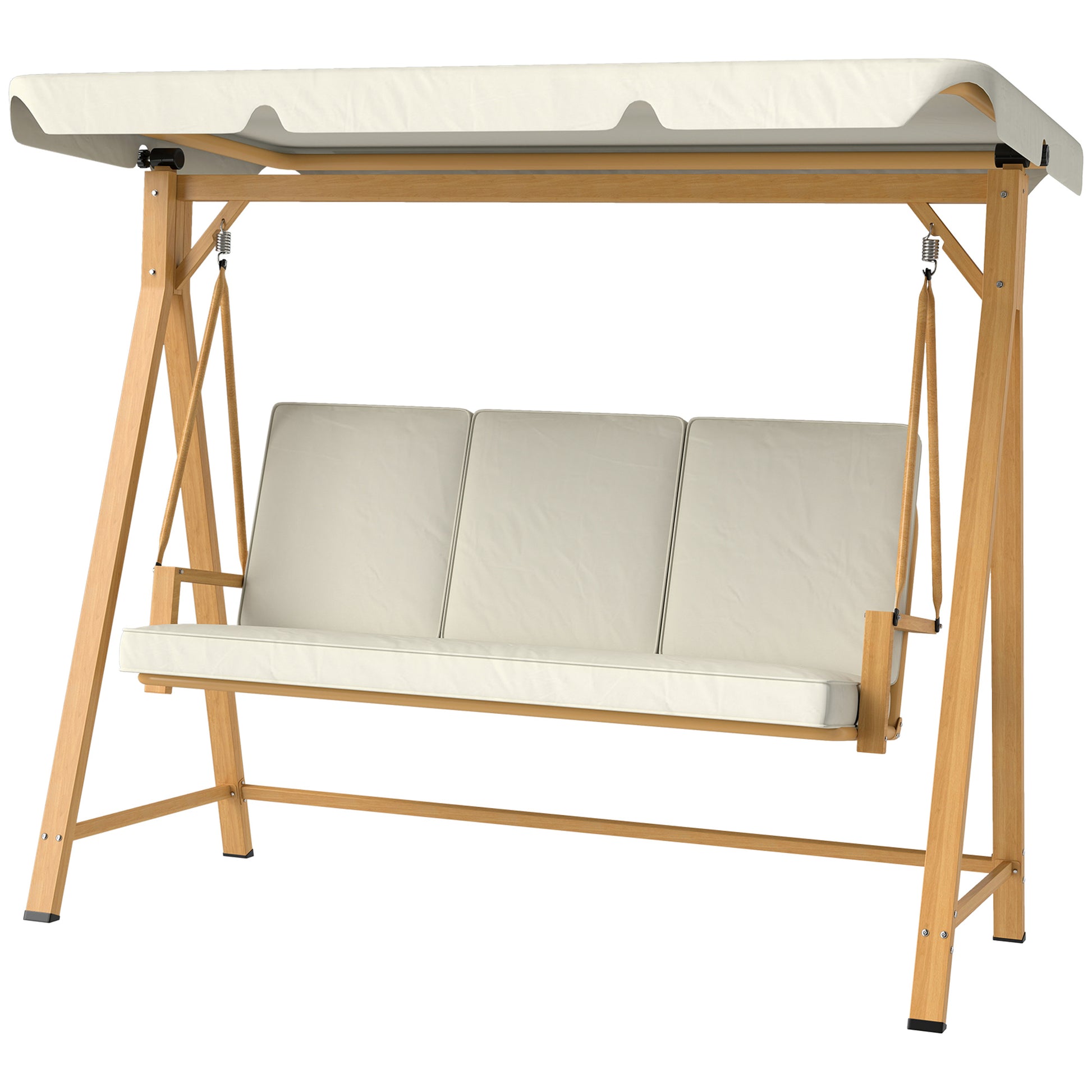 Hollywood Swing with Adjustable Sunshade Seat Cushion, Wood Finish 3-Seater Garden Swing Load Capacity 330kg, Swing Bench for Garden, Terrace 198 x 120 x 170cm, Beige