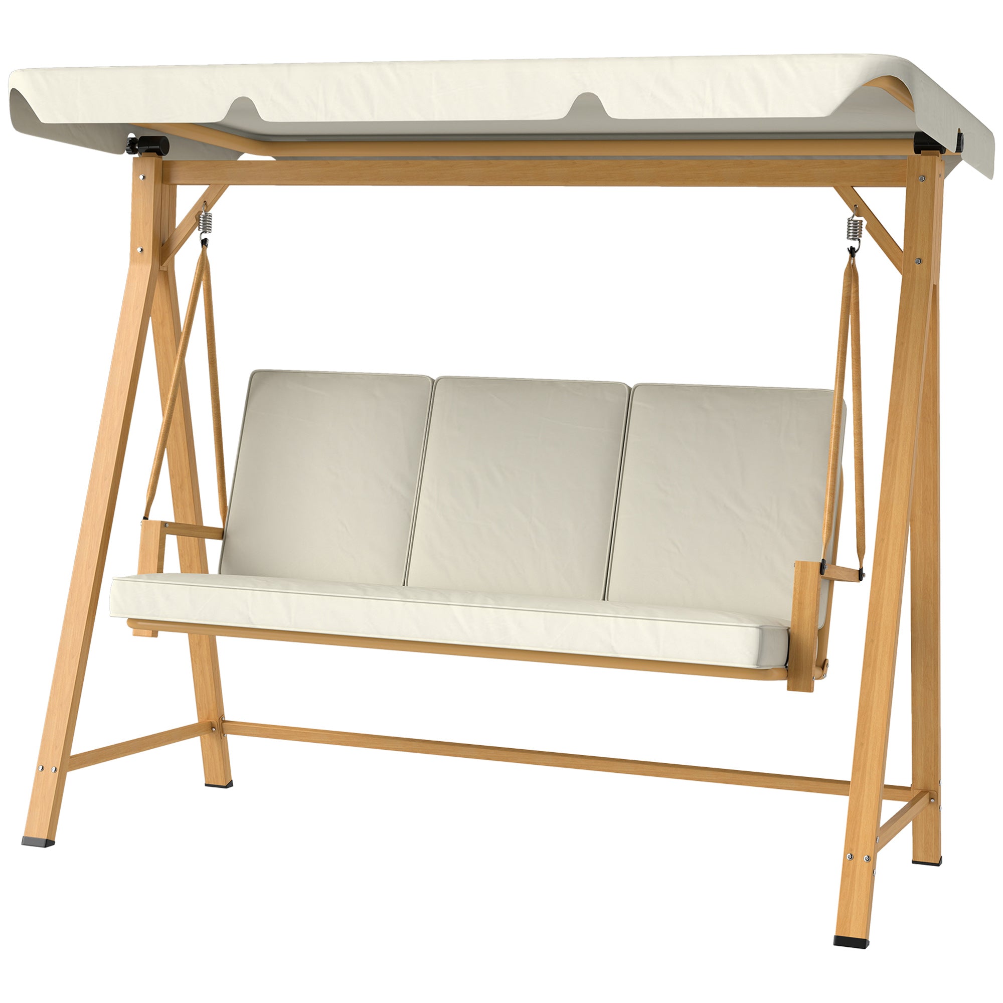 Hollywood Swing with Adjustable Sunshade Seat Cushion, Wood Finish 3-Seater Garden Swing Load Capacity 330kg, Swing Bench for Garden, Terrace 198 x 120 x 170cm, Beige