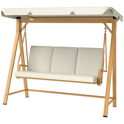 Hollywood Swing with Adjustable Sunshade Seat Cushion, Wood Finish 3-Seater Garden Swing Load Capacity 330kg, Swing Bench for Garden, Terrace 198 x 120 x 170cm, Beige