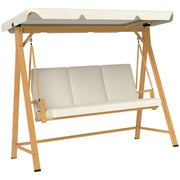 Hollywood Swing with Adjustable Sunshade Seat Cushion, Wood Finish 3-Seater Garden Swing Load Capacity 330kg, Swing Bench for Garden, Terrace 198 x 120 x 170cm, Beige
