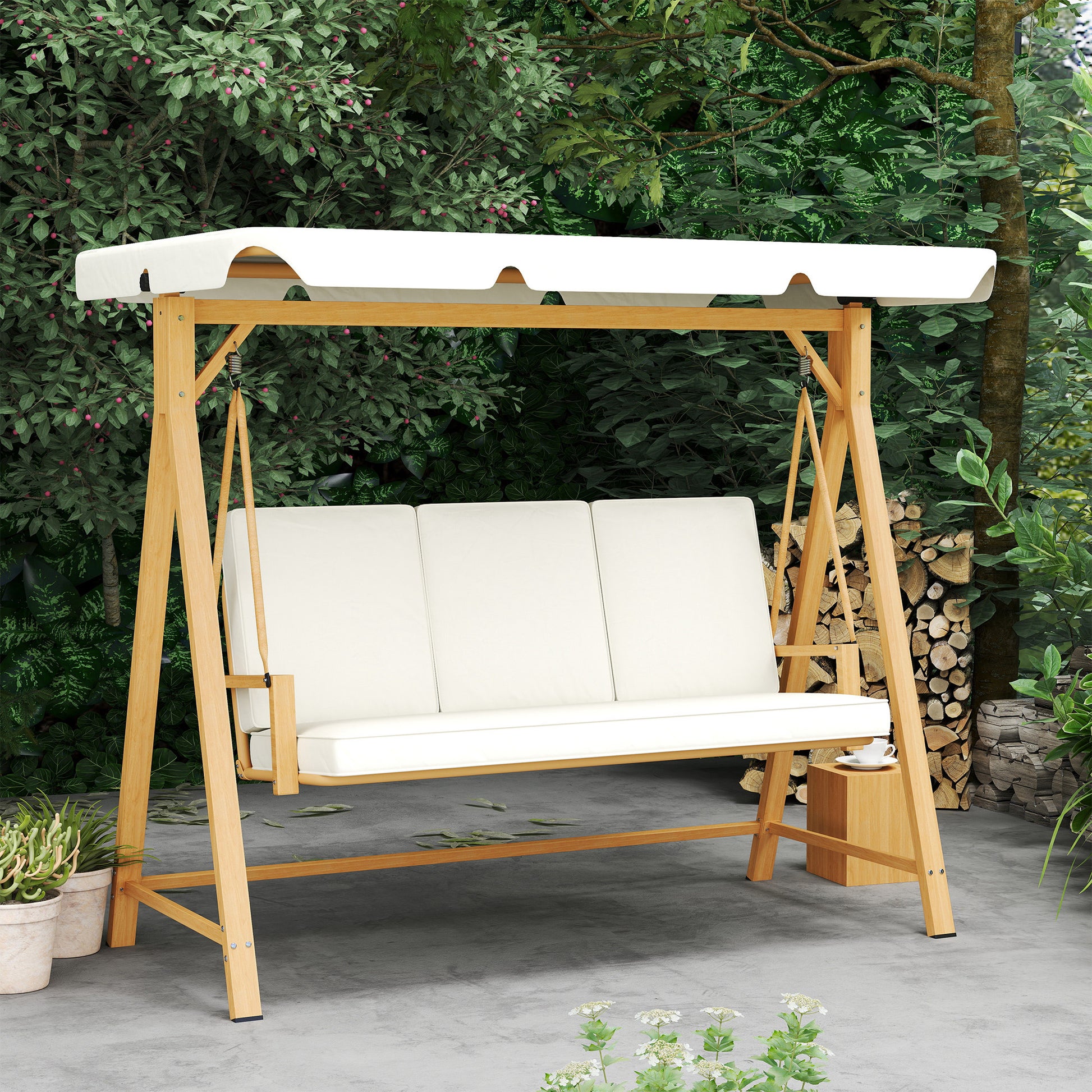 Hollywood Swing with Adjustable Sunshade Seat Cushion, Wood Finish 3-Seater Garden Swing Load Capacity 330kg, Swing Bench for Garden, Terrace 198 x 120 x 170cm, Beige