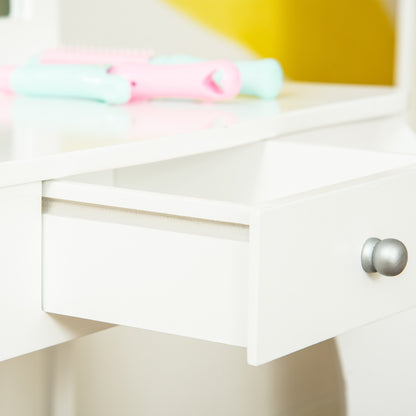 Children's Dressing Table with Stool, Triptych Mirror, and Sliding Drawer - Dressing Table dim. 63L x 40W x 85.5H cm - White Acrylic