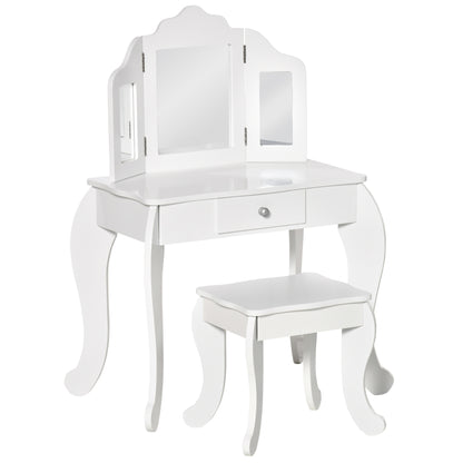 Children's Dressing Table with Stool, Triptych Mirror, and Sliding Drawer - Dressing Table dim. 63L x 40W x 85.5H cm - White Acrylic