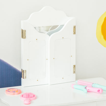 Children's Dressing Table with Stool, Triptych Mirror, and Sliding Drawer - Dressing Table dim. 63L x 40W x 85.5H cm - White Acrylic