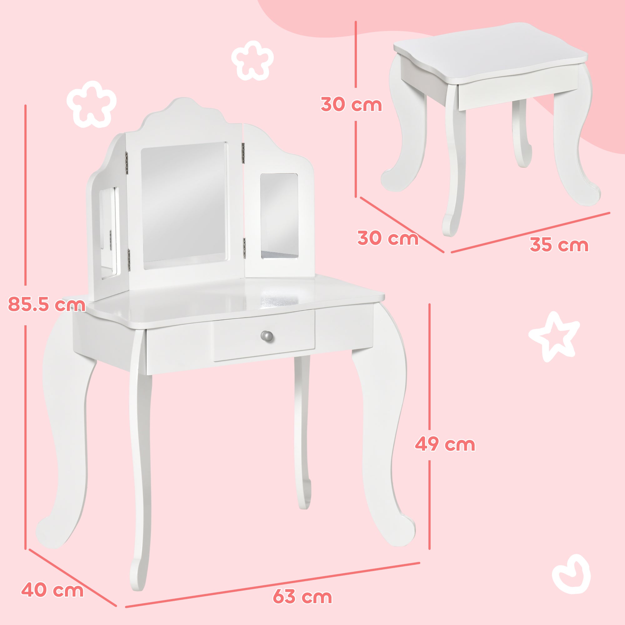 Children's Dressing Table with Stool, Triptych Mirror, and Sliding Drawer - Dressing Table dim. 63L x 40W x 85.5H cm - White Acrylic