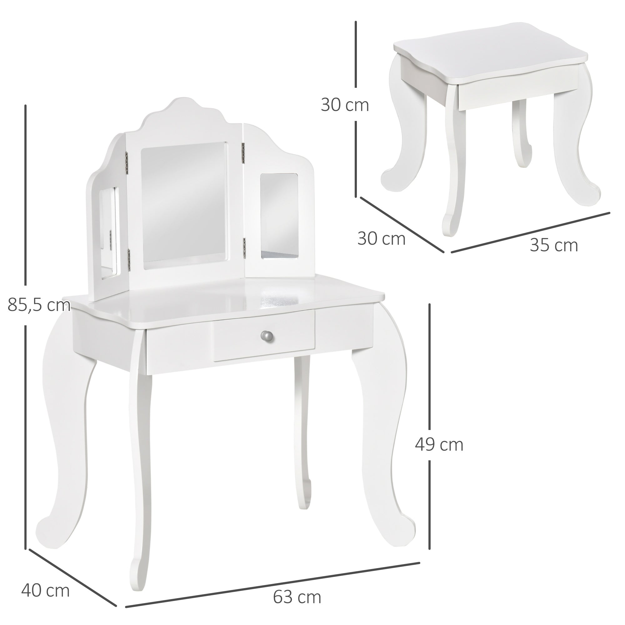 Children's Dressing Table with Stool, Triptych Mirror, and Sliding Drawer - Dressing Table dim. 63L x 40W x 85.5H cm - White Acrylic