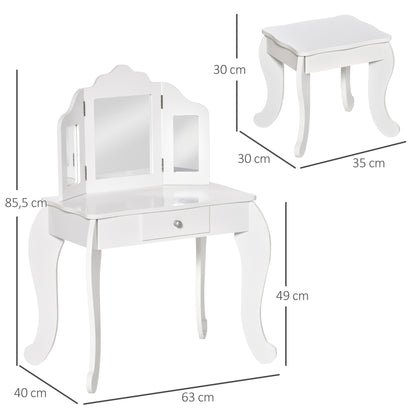 Children's Dressing Table with Stool, Triptych Mirror, and Sliding Drawer - Dressing Table dim. 63L x 40W x 85.5H cm - White Acrylic