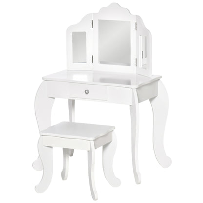 Children's Dressing Table with Stool, Triptych Mirror, and Sliding Drawer - Dressing Table dim. 63L x 40W x 85.5H cm - White Acrylic