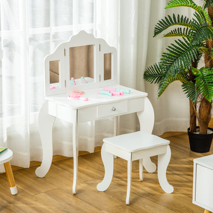 Children's Dressing Table with Stool, Triptych Mirror, and Sliding Drawer - Dressing Table dim. 63L x 40W x 85.5H cm - White Acrylic