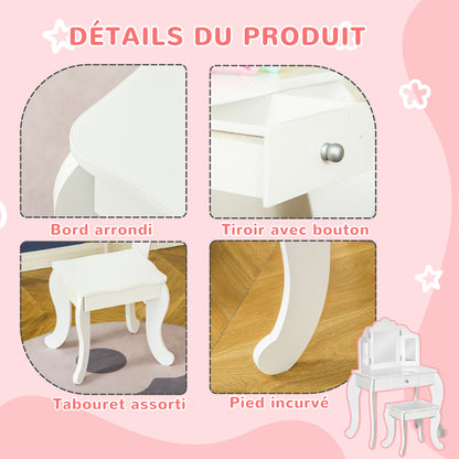 Children's Dressing Table with Stool, Triptych Mirror, and Sliding Drawer - Dressing Table dim. 63L x 40W x 85.5H cm - White Acrylic