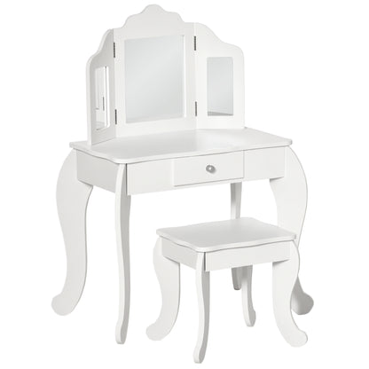 Children's Dressing Table with Stool, Triptych Mirror, and Sliding Drawer - Dressing Table dim. 63L x 40W x 85.5H cm - White Acrylic