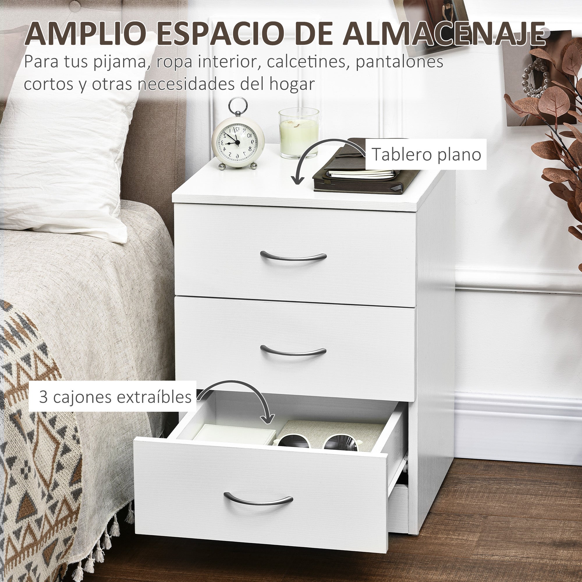 Modern Bedside Table Nightstand with 3 Drawers Side Table for Living Room Bedroom Load 50 kg 40x35x58 cm White