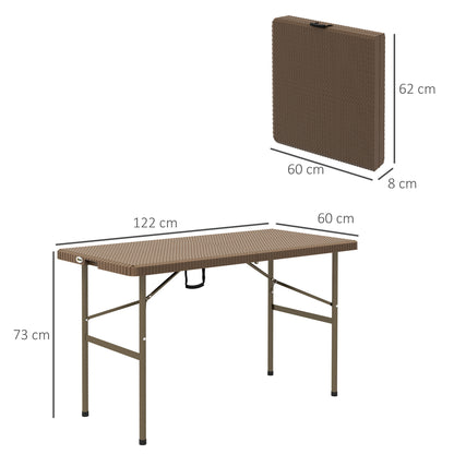 Camping Table Folding Table with Rattan Look, Buffet Table for 4 People, Garden Table for Balcony, Terrace, Holds up to 50 kg, HDPE, Brown, 122 x 60 x 73 cm