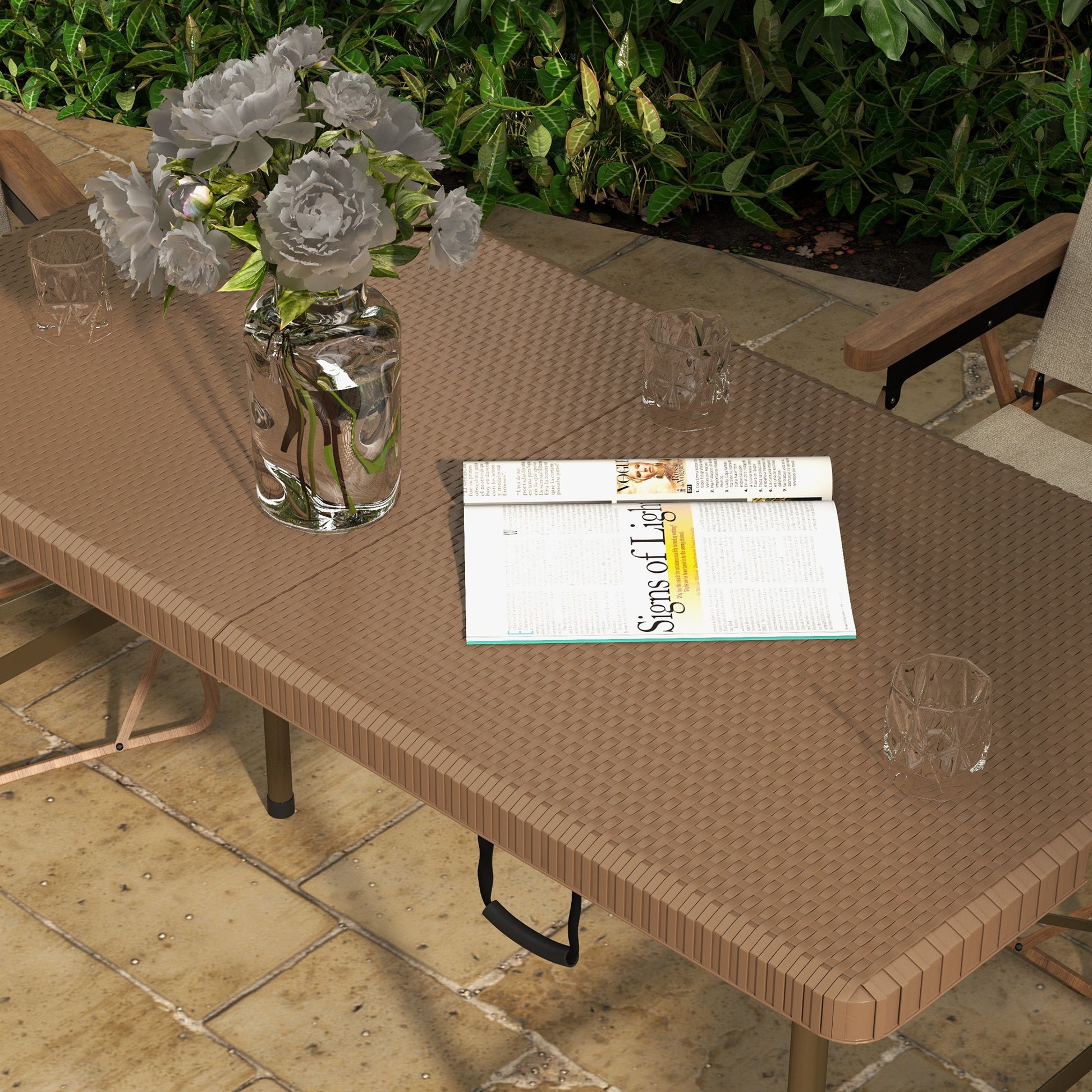 Camping Table Folding Table with Rattan Look, Buffet Table for 4 People, Garden Table for Balcony, Terrace, Holds up to 50 kg, HDPE, Brown, 122 x 60 x 73 cm