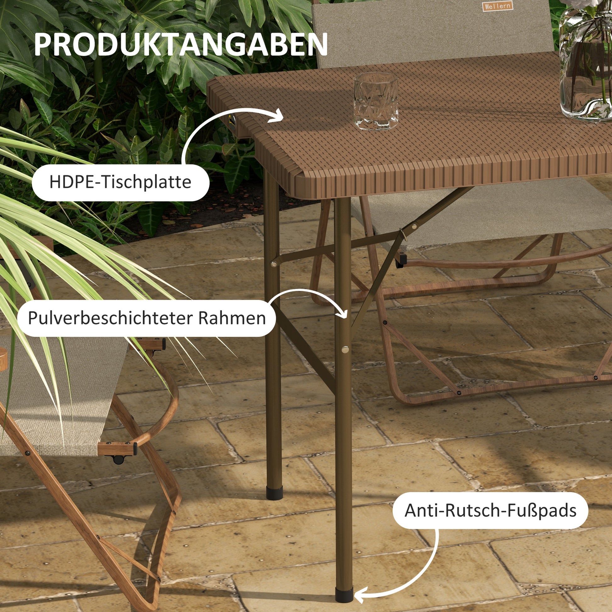 Camping Table Folding Table with Rattan Look, Buffet Table for 4 People, Garden Table for Balcony, Terrace, Holds up to 50 kg, HDPE, Brown, 122 x 60 x 73 cm