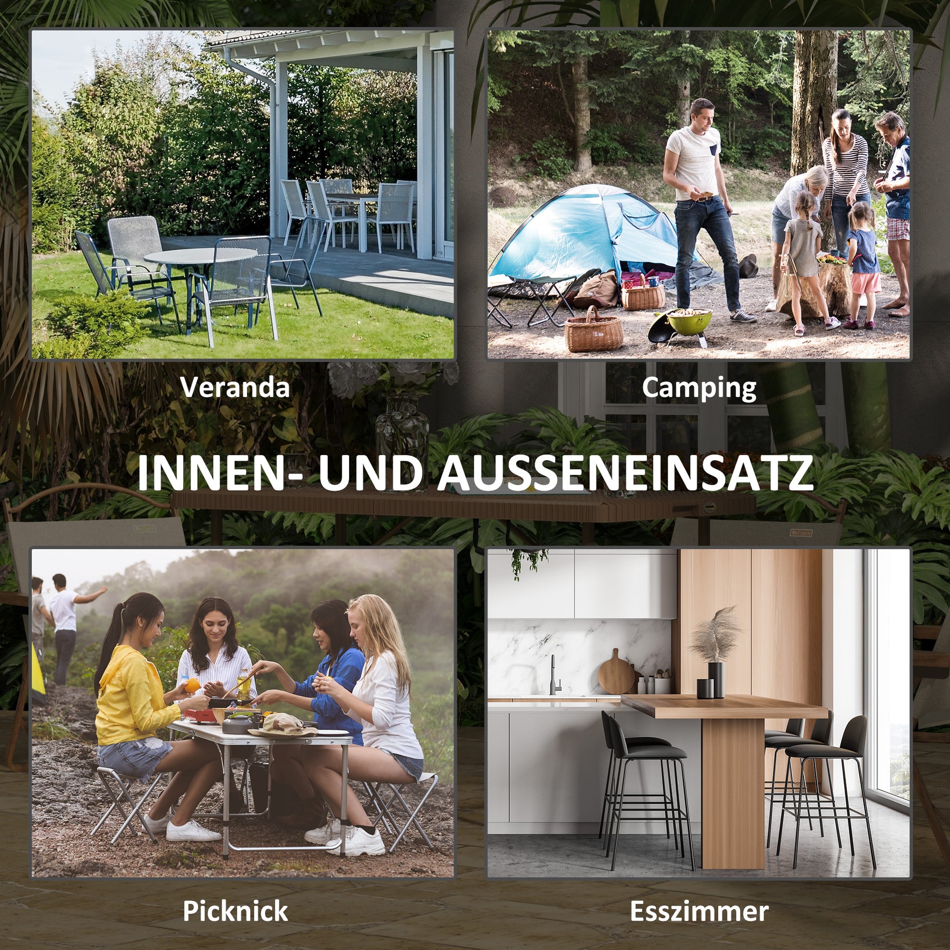 Camping Table Folding Table with Rattan Look, Buffet Table for 4 People, Garden Table for Balcony, Terrace, Holds up to 50 kg, HDPE, Brown, 122 x 60 x 73 cm