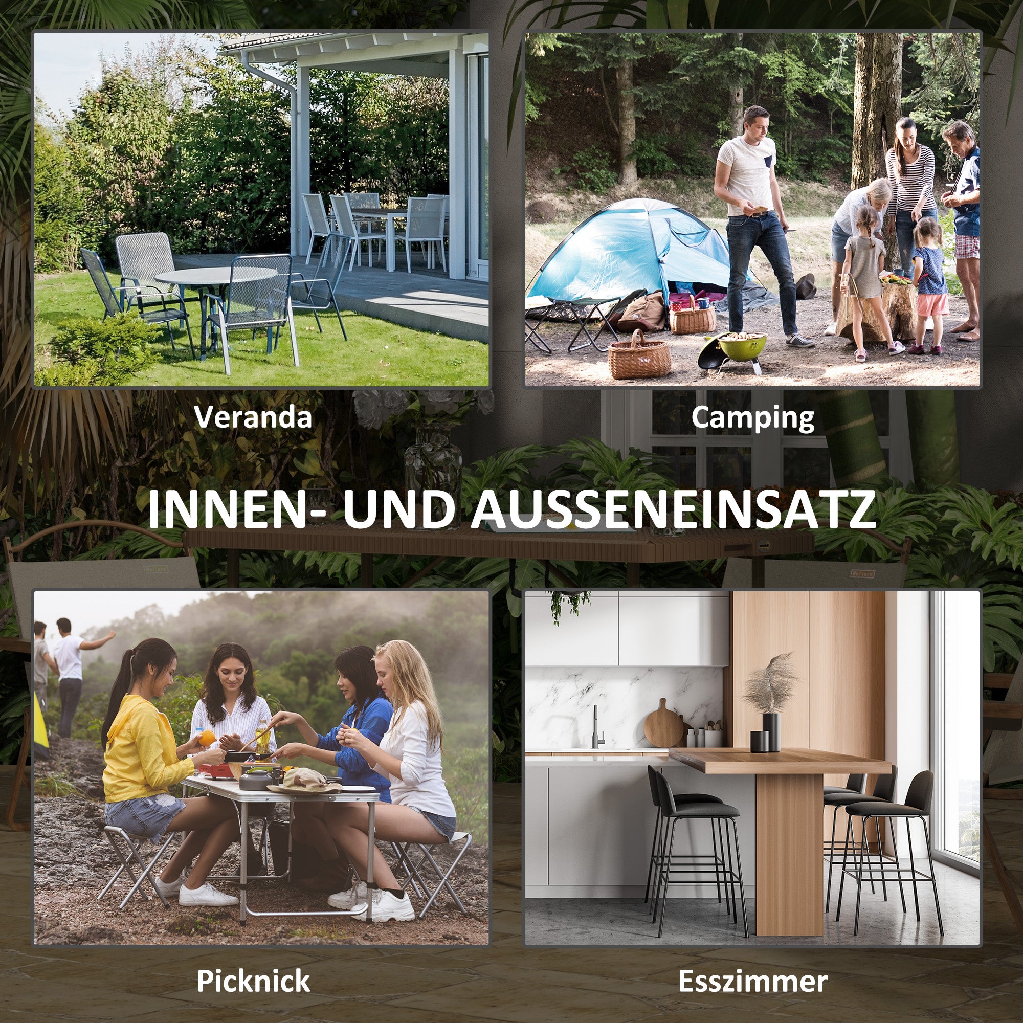 Camping Table Folding Table with Rattan Look, Buffet Table for 4 People, Garden Table for Balcony, Terrace, Holds up to 50 kg, HDPE, Brown, 122 x 60 x 73 cm