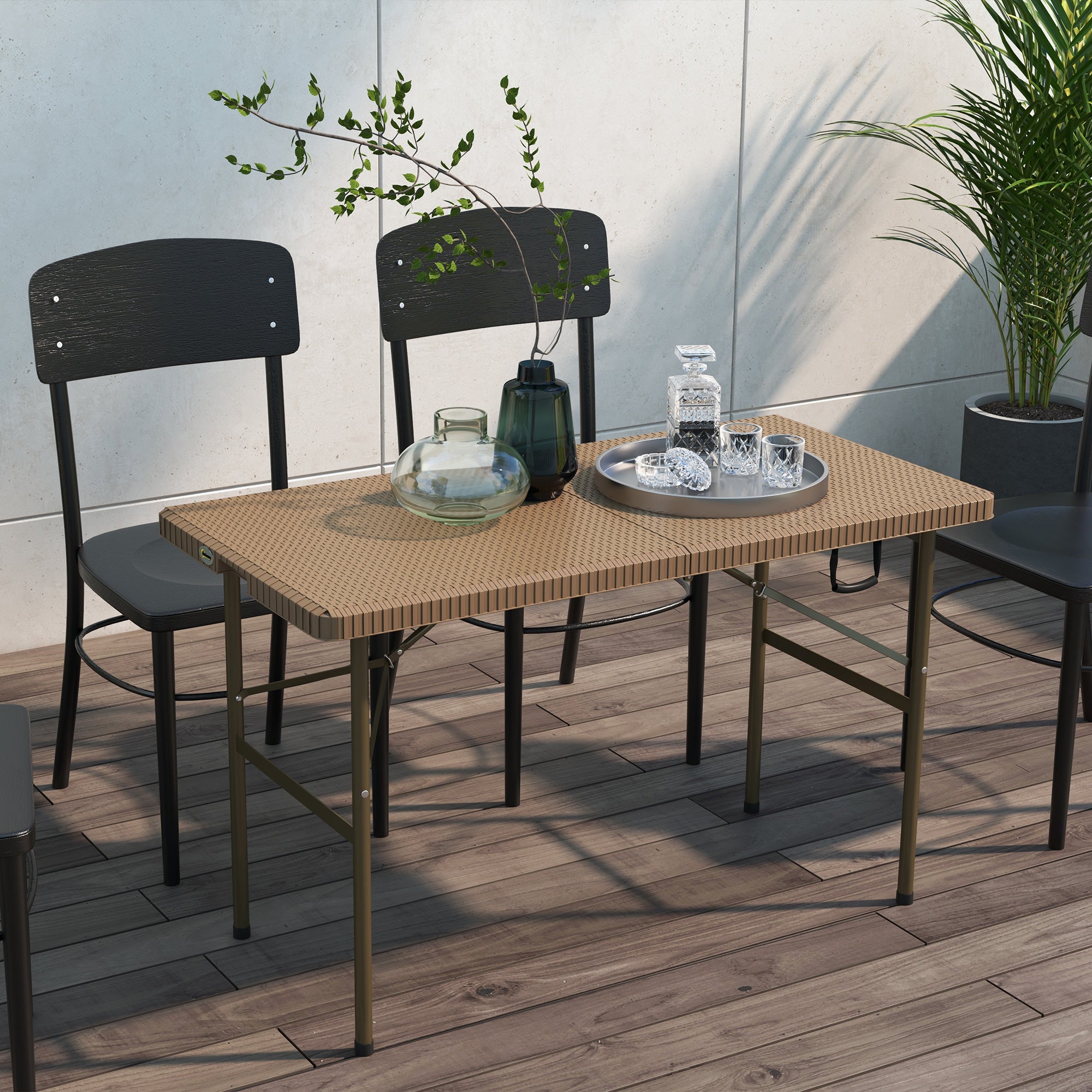 Camping Table Folding Table with Rattan Look, Buffet Table for 4 People, Garden Table for Balcony, Terrace, Holds up to 50 kg, HDPE, Brown, 122 x 60 x 73 cm