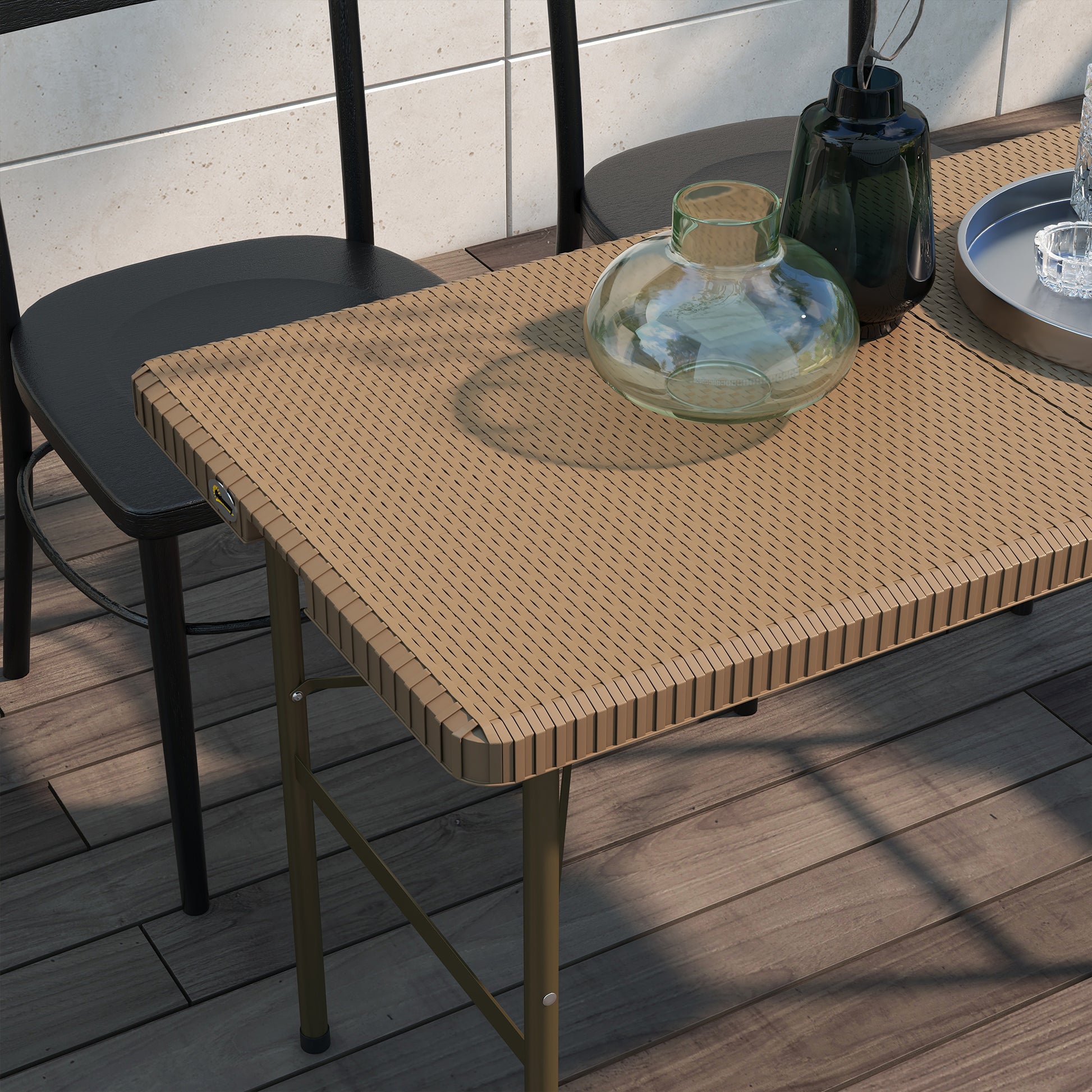 Camping Table Folding Table with Rattan Look, Buffet Table for 4 People, Garden Table for Balcony, Terrace, Holds up to 50 kg, HDPE, Brown, 122 x 60 x 73 cm