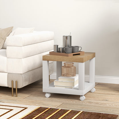 Wheeled Side Table with Open Shelf Side Table for Sofa Living Room Bedroom 40x40x40 cm Natural and White