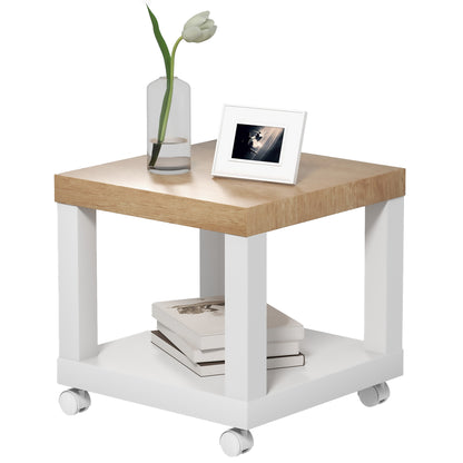 Wheeled Side Table with Open Shelf Side Table for Sofa Living Room Bedroom 40x40x40 cm Natural and White