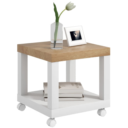 Wheeled Side Table with Open Shelf Side Table for Sofa Living Room Bedroom 40x40x40 cm Natural and White