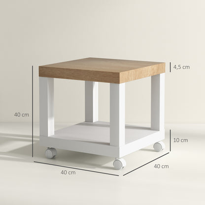 Wheeled Side Table with Open Shelf Side Table for Sofa Living Room Bedroom 40x40x40 cm Natural and White