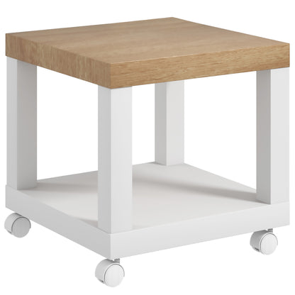 Wheeled Side Table with Open Shelf Side Table for Sofa Living Room Bedroom 40x40x40 cm Natural and White