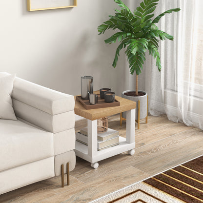 Wheeled Side Table with Open Shelf Side Table for Sofa Living Room Bedroom 40x40x40 cm Natural and White