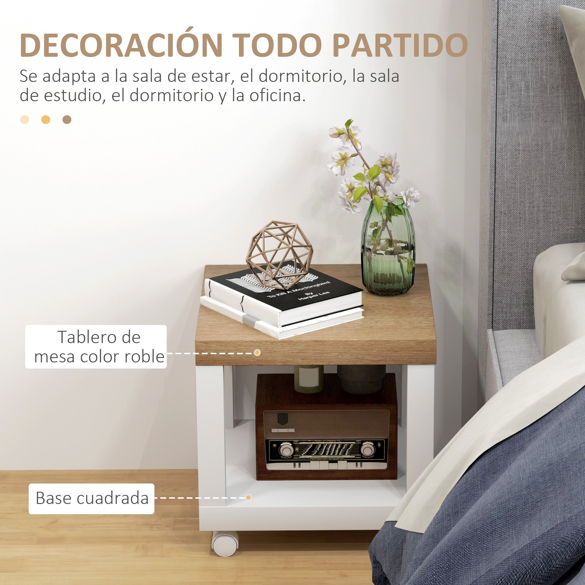 Wheeled Side Table with Open Shelf Side Table for Sofa Living Room Bedroom 40x40x40 cm Natural and White