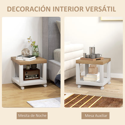 Wheeled Side Table with Open Shelf Side Table for Sofa Living Room Bedroom 40x40x40 cm Natural and White