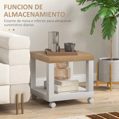 Wheeled Side Table with Open Shelf Side Table for Sofa Living Room Bedroom 40x40x40 cm Natural and White
