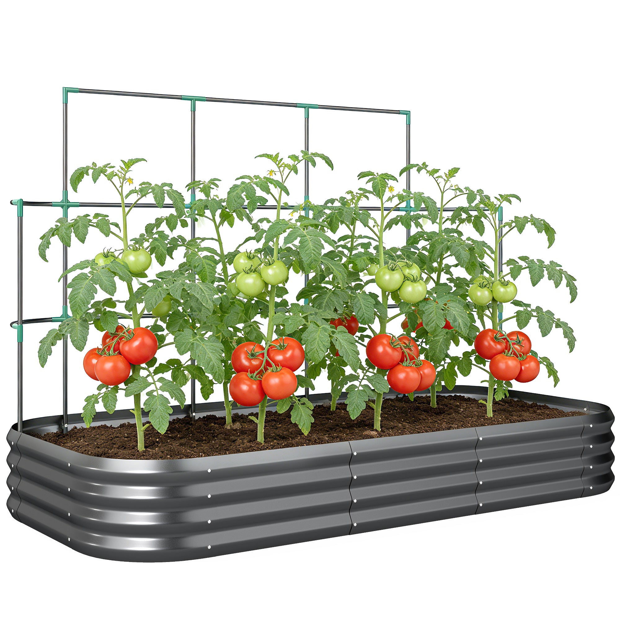 Raised Garden Bed with Trellis, Galvanized Metal Planter with Protective Edge & Gloves for Herbs, Vegetables, Flowers — 86.6 x 43.3 x 59.1 in (220 x 110 x 150 cm), Dark Gray